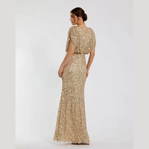 Mac Duggal 5640 Size 16 Gold Sequin Draped Sleeve V-Neck Long Gown Maxi Dress - Picture 4 of 4